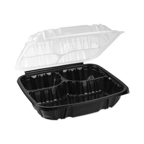 Picture of EarthChoice Vented Dual Color Microwavable Hinged Lid Container, 3-Comp Base/Lid, 34 oz, 10.5x9.5x3, Blk/Clr, Plastic, 132/CT