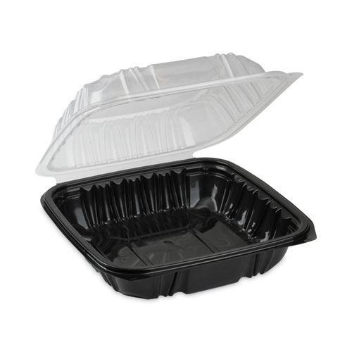 Picture of EarthChoice Vented Dual Color Microwavable Hinged Lid Container, 1-Compartment, 28oz, 7.5x7.5x3, Black/Clear, Plastic, 150/CT