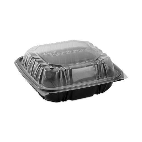 Picture of EarthChoice Vented Dual Color Microwavable Hinged Lid Container, 3-Compartment, 21oz, 8.5x8.5x3, Black/Clear, Plastic, 150/CT