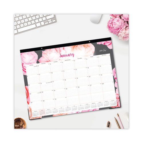 Picture of Joselyn Desk Pad, Rose Artwork, 22 x 17, White/Pink/Peach Sheets, Black Binding, Clear Corners, 12-Month (Jan to Dec): 2025