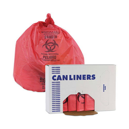 Picture of Linear Low Density Health Care Trash Can Liners, 16 gal, 1.3 mil, 24" x 32", Red, Flat Pack, 250/Carton