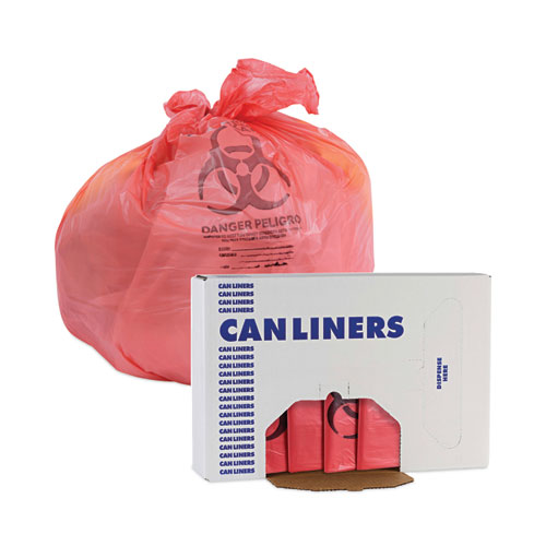 Picture of Linear Low Density Health Care Trash Can Liners, 33 gal, 1.3 mil, 33" x 39", Red, Flat Pack, 150/Carton