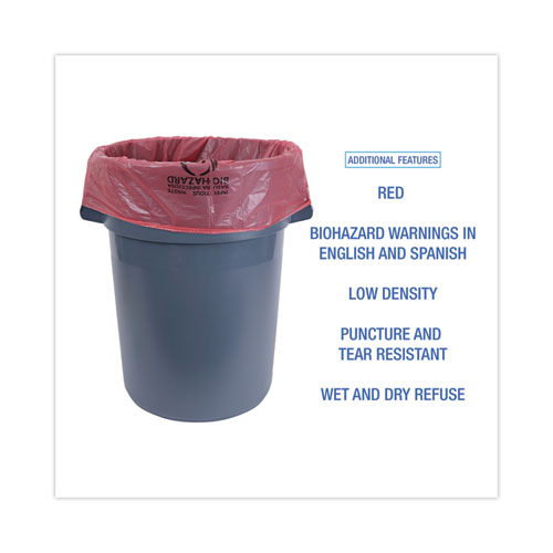 Picture of Linear Low Density Health Care Trash Can Liners, 45 gal, 1.3 mil, 40" x 46", Red, Flat Pack, 100/Carton