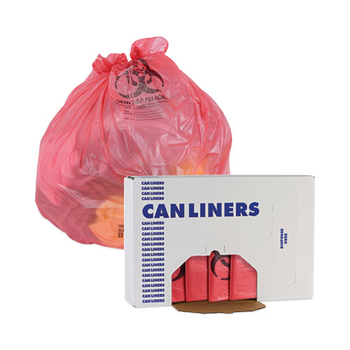 Picture of Linear Low Density Health Care Trash Can Liners, 45 gal, 1.3 mil, 40" x 46", Red, Flat Pack, 100/Carton