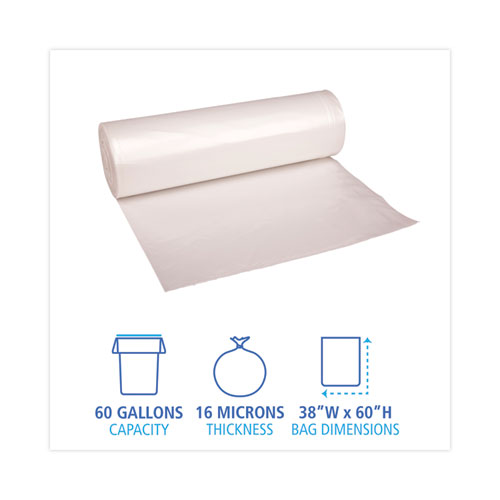 Picture of High Density Industrial Can Liners Coreless Rolls, 60 gal, 16 mic, 38" x 60", Natural, Perforated, 25 Bags/Roll, 8 Rolls/CT