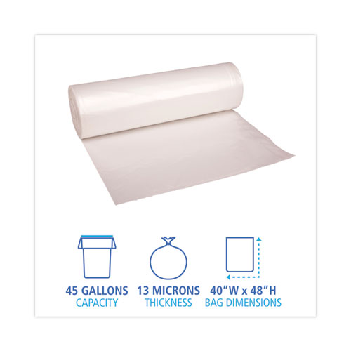 Picture of High Density Industrial Can Liners Coreless Rolls, 45 gal, 13 mic, 40" x 48", Natural, Perforated, 25 Bags/Roll, 10 Rolls/CT