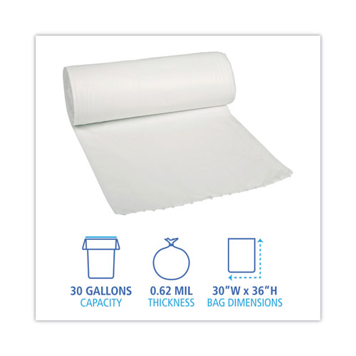 Picture of Low-Density Waste Can Liners, 30 gal, 0.5 mil, 30" x 36", White, Perforated Roll, 10 Bags/Roll, 20 Rolls/Carton