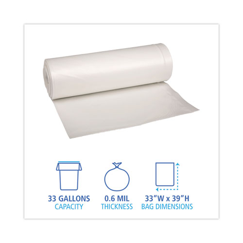 Picture of Low-Density Waste Can Liners, 33 gal, 0.6 mil, 33" x 39", White, Perforated Roll, 25 Bags/Roll, 6 Rolls/Carton