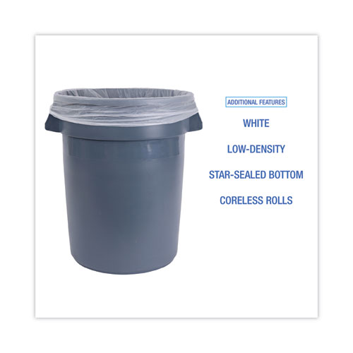 Picture of Low-Density Waste Can Liners, 33 gal, 0.6 mil, 33" x 39", White, Perforated Roll, 25 Bags/Roll, 6 Rolls/Carton