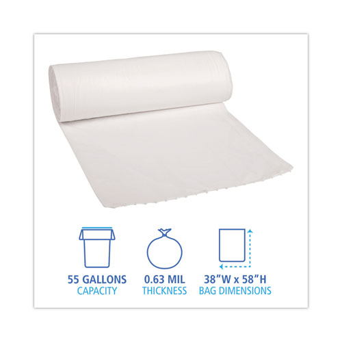 Picture of Low-Density Waste Can Liners, 55 gal, 0.5 mil, 38" x 58", White, Perforated Roll, 10 Bags/Roll, 10 Rolls/Carton