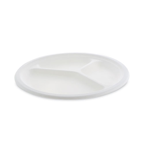 Picture of EarthChoice Compostable Fiber-Blend Bagasse Dinnerware, 3-Compartment Plate, 10" dia, Natural, 500/Carton