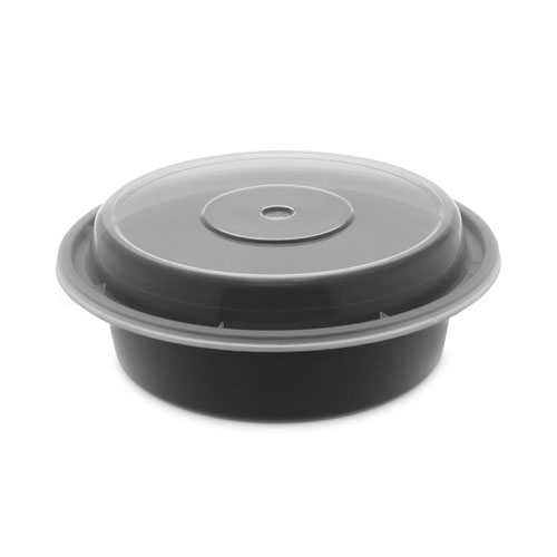 Picture of Newspring VERSAtainer Microwavable Containers, 16 oz, 6" Diameter, Black/Clear, Plastic, 150/Carton