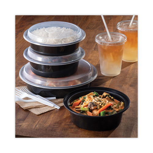 Picture of Newspring VERSAtainer Microwavable Containers, 24 oz, 7" Diameter, Black/Clear, Plastic, 150/Carton