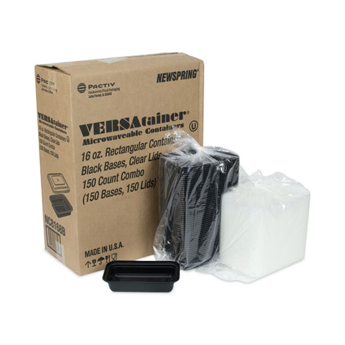 Picture of Newspring VERSAtainer Microwavable Containers, 16 oz, 5 x 7.25 x 1.5, Black/Clear, Plastic, 150/Carton