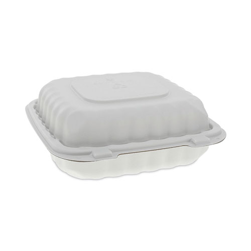 Picture of EarthChoice SmartLock Microwavable MFPP Hinged Lid Container, 3-Compartment, 8.31 x 8.35 x 3.1, White, Plastic, 200/Carton