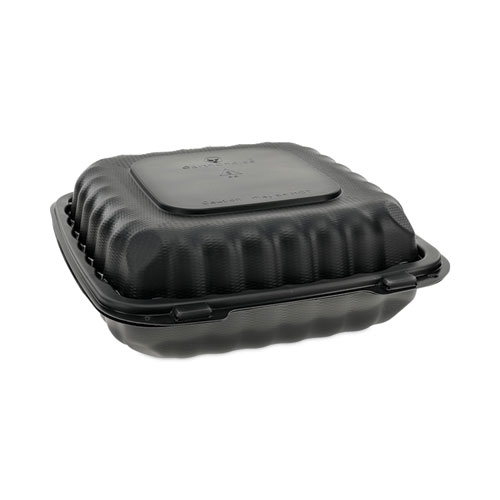 Picture of EarthChoice SmartLock Microwavable MFPP Hinged Lid Container, 3-Compartment, 9.33 x 8.88 x 3.1, Black, Plastic, 120/Carton