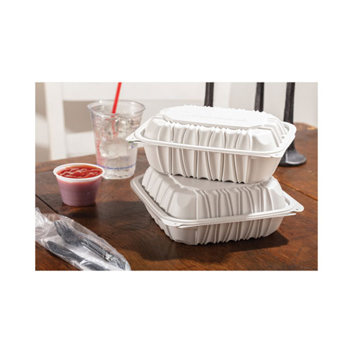 Picture of EarthChoice Vented Microwavable MFPP Hinged Lid Container, 9 x 6 x 2.75, White, Plastic, 170/Carton