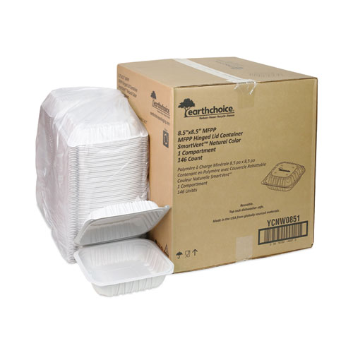 Picture of EarthChoice Vented Microwavable MFPP Hinged Lid Container, 8.5 x 8.5 x 3.1, White, Plastic, 146/Carton