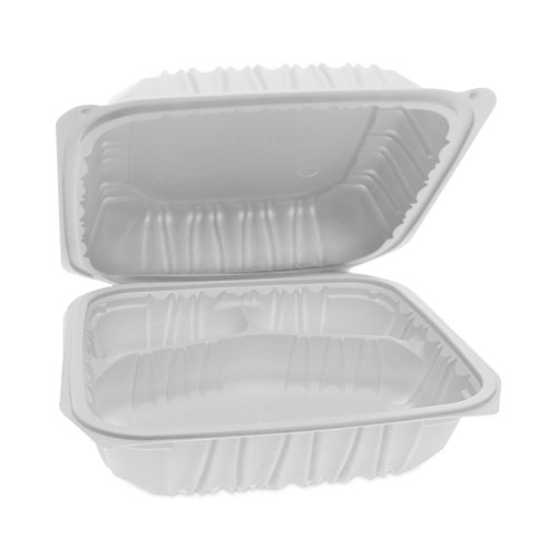 Picture of EarthChoice Vented Microwavable MFPP Hinged Lid Container, 3-Compartment, 8.5 x 8.5 x 3.1, White, Plastic, 146/Carton