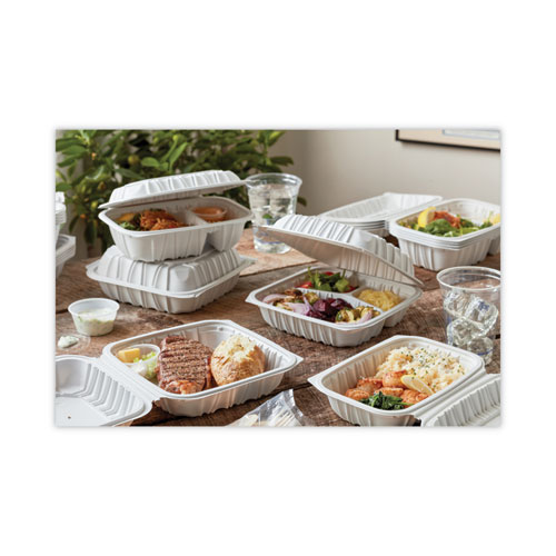 Picture of EarthChoice Vented Microwavable MFPP Hinged Lid Container, 3-Compartment, 8.5 x 8.5 x 3.1, White, Plastic, 146/Carton