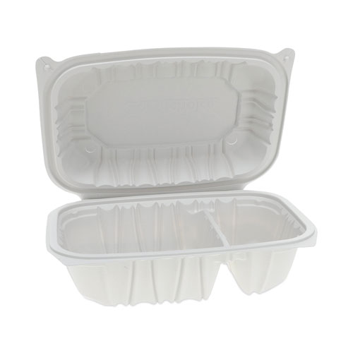 Picture of EarthChoice Vented Microwavable MFPP Hinged Lid Container, 2-Compartment, 9 x 6 x 3.1, White, Plastic, 170/Carton