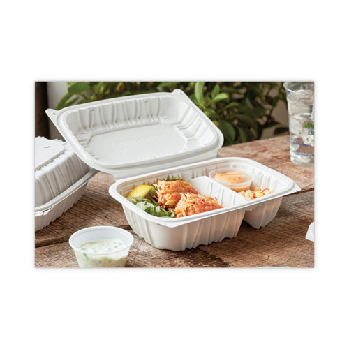 Picture of EarthChoice Vented Microwavable MFPP Hinged Lid Container, 2-Compartment, 9 x 6 x 3.1, White, Plastic, 170/Carton