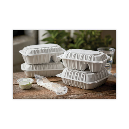 Picture of EarthChoice Vented Microwavable MFPP Hinged Lid Container, 2-Compartment, 9 x 6 x 3.1, White, Plastic, 170/Carton