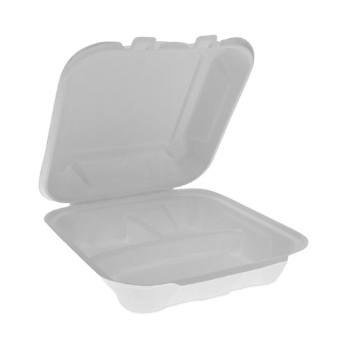 Picture of EarthChoice Bagasse Hinged Lid Container, 3-Compartment, Dual Tab Lock, 7.8 x 7.8 x 2.8, Natural, Sugarcane, 150/Carton