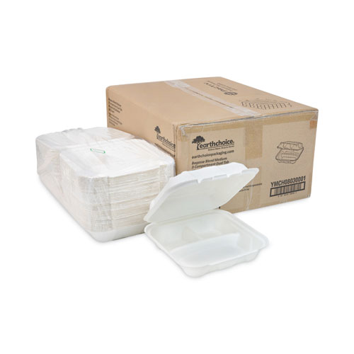 Picture of EarthChoice Bagasse Hinged Lid Container, 3-Compartment, Dual Tab Lock, 7.8 x 7.8 x 2.8, Natural, Sugarcane, 150/Carton