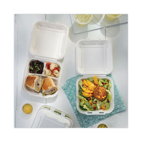 Picture of EarthChoice Bagasse Hinged Lid Container, 3-Compartment, Dual Tab Lock, 7.8 x 7.8 x 2.8, Natural, Sugarcane, 150/Carton