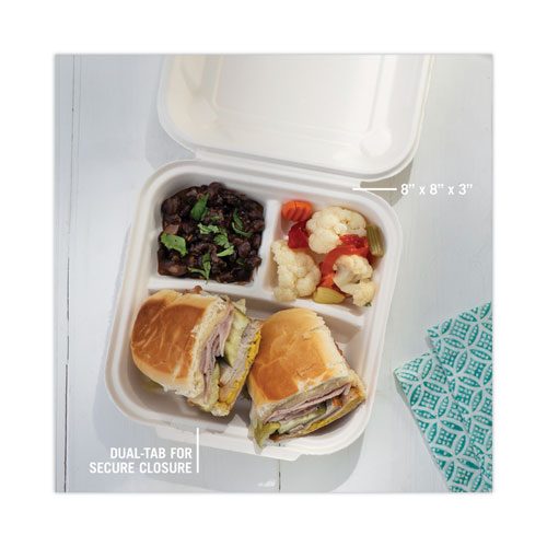 Picture of EarthChoice Bagasse Hinged Lid Container, 3-Compartment, Dual Tab Lock, 7.8 x 7.8 x 2.8, Natural, Sugarcane, 150/Carton