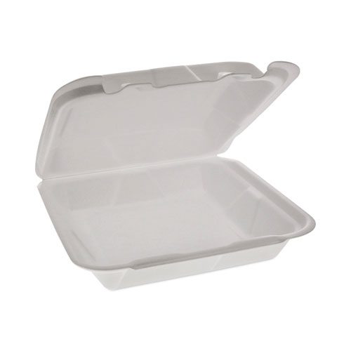 Picture of Foam Hinged Lid Container, Dual Tab Lock Happy Face, 8 x 7.75 x 2.25, White, 200/Carton