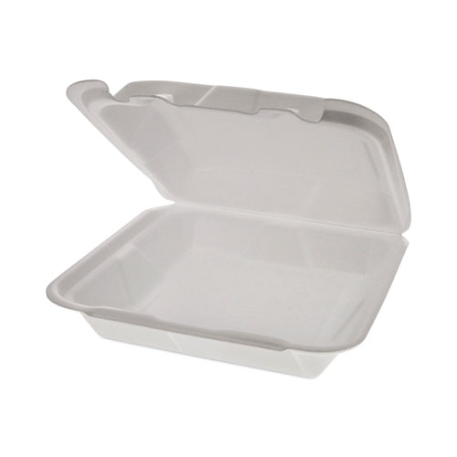 Picture of Foam Hinged Lid Container, Dual Tab Lock Happy Face, 8 x 7.75 x 2.25, White, 200/Carton