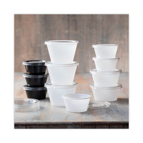 Picture of Plastic Portion Cup Lid, Fits 1.5 oz to 2.5 oz Cups, Clear, 100/Pack, 24 Packs/Carton