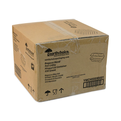 Picture of EarthChoice Bagasse Hinged Lid Container, Dual Tab Lock, 9.1 x 6.1 x 3.3, Natural, Sugarcane, 150/Carton