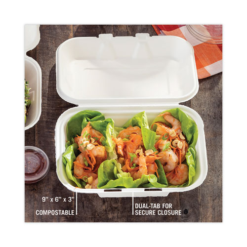 Picture of EarthChoice Bagasse Hinged Lid Container, Dual Tab Lock, 9.1 x 6.1 x 3.3, Natural, Sugarcane, 150/Carton