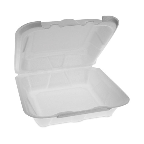 Picture of Vented Foam Hinged Lid Container, Dual Tab Lock Economy, 8.42 x 8.15 x 3, White, 150/Carton