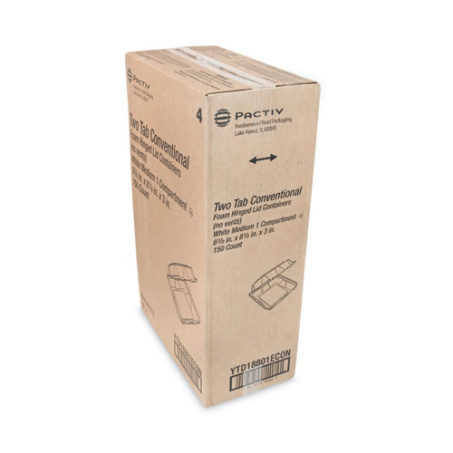 Picture of Vented Foam Hinged Lid Container, Dual Tab Lock Economy, 8.42 x 8.15 x 3, White, 150/Carton