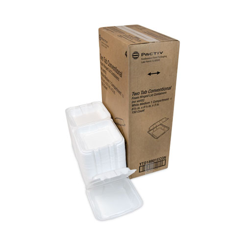 Picture of Vented Foam Hinged Lid Container, Dual Tab Lock Economy, 8.42 x 8.15 x 3, White, 150/Carton