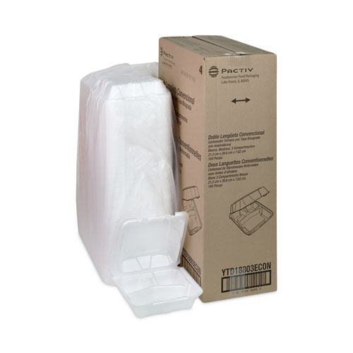 Picture of Vented Foam Hinged Lid Container, Dual Tab Lock Economy, 3-Compartment, 8.42 x 8.15 x 3, White, 150/Carton