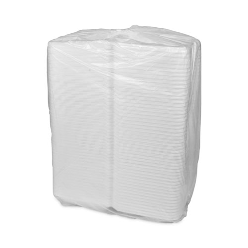 Picture of Vented Foam Hinged Lid Container, Dual Tab Lock Economy, 9.13 x 9 x 3.25, White, 150/Carton