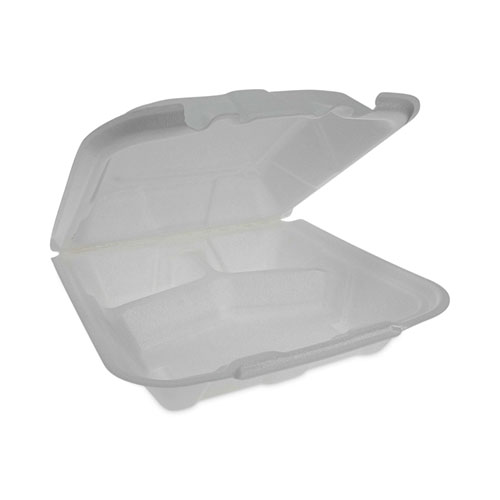 Picture of Vented Foam Hinged Lid Container, Dual Tab Lock Economy, 3-Compartment, 9.13 x 9 x 3.25, White, 150/Carton