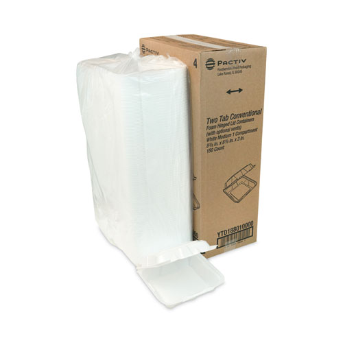 Picture of Vented Foam Hinged Lid Container, Dual Tab Lock, 8.42 x 8.15 x 3, White, 150/Carton