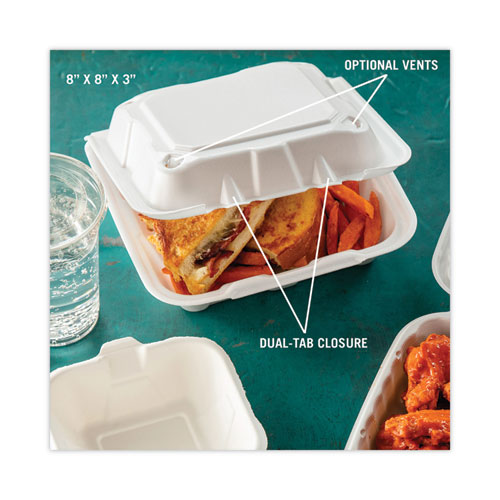 Picture of Vented Foam Hinged Lid Container, Dual Tab Lock, 8.42 x 8.15 x 3, White, 150/Carton