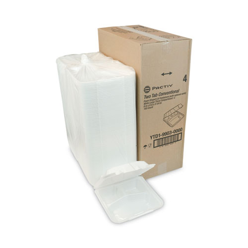 Picture of Vented Foam Hinged Lid Container, Dual Tab Lock, 3-Compartment, 9.13 x 9 x 3.25, White, 150/Carton