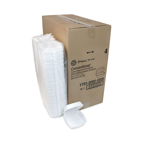 Picture of Foam Hinged Lid Container, Single Tab Lock, 6.38 x 6.38 x 3, White, 500/Carton