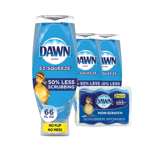 Picture of Ultra Liquid Dish Detergent, Dawn Original, Three 22 oz E-Z Squeeze Bottles and 2 Sponges/Pack, 6 Packs/Carton