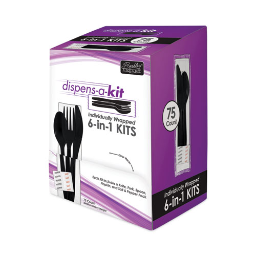 Picture of Dispens-a-Kit, Individually Wrapped, Mediumweight, Knife/Fork/Spoon, Black, 75/Box
