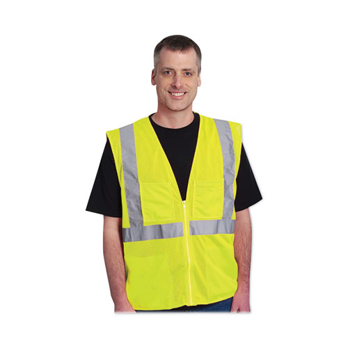 Picture of ANSI Class 2 Four Pocket Zipper Safety Vest, Polyester Mesh, 3X-Large, Hi-Viz Lime Yellow