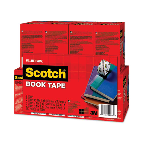 Picture of Book Tape Value Pack, 3" Core, (2) 1.5" x 15 yds, (4) 2" x 15 yds, (2) 3" x 15 yds, Clear, 8/Pack